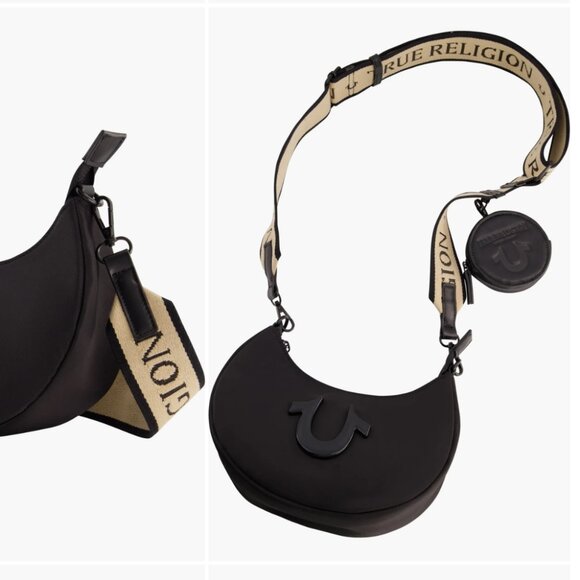 True Religion Black Nylon Crossbody Bag with Tan Strap and PU coin purse - Picture 1 of 10